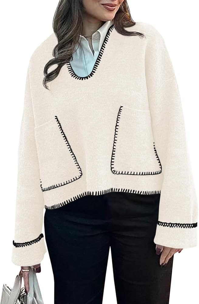 Saodimallsu Womens Cropped V Neck Sweater 2024 Fall Trendy Long Sleeve Loose Knit Pullover Crop T... | Amazon (US)