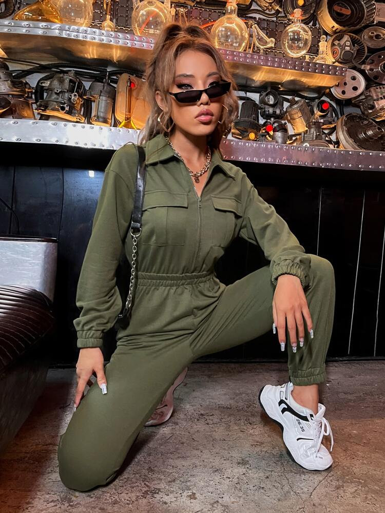 Zip Up Drop Shoulder Flap Pocket Jumpsuit | SHEIN
