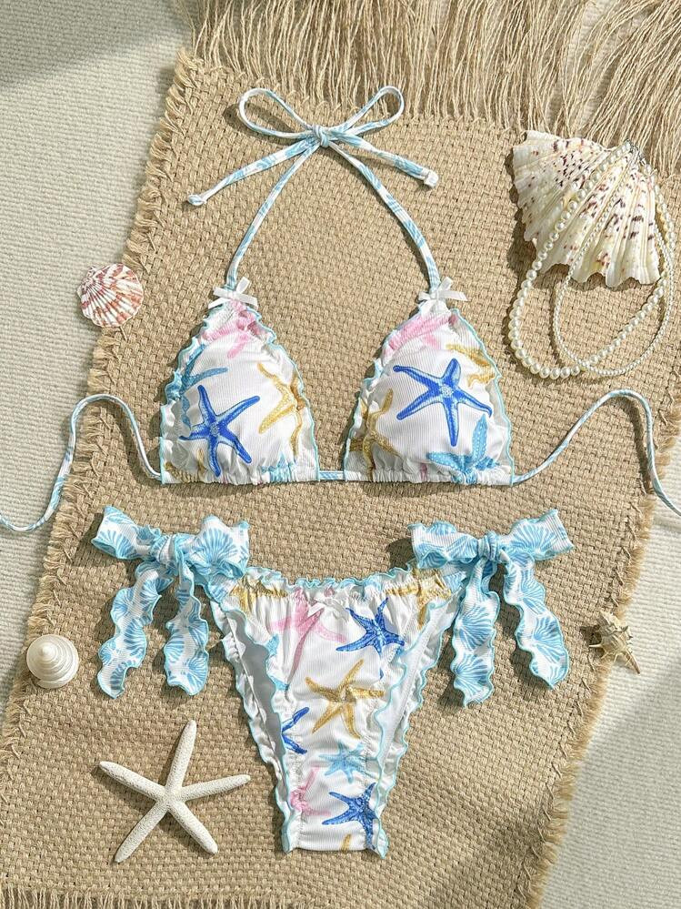 Swim Mod 2pcs Women Summer Strappy Bikini Set, Starfish Decor, Halter Triangle Swimsuit, Leisure Vacation | SHEIN
