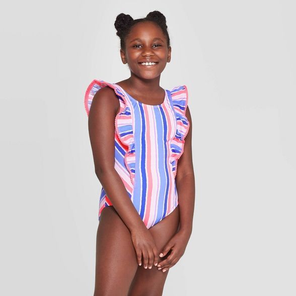 Girls' Ruffle Sleeve Pom One Piece Swimsuit - Cat & Jack™  Multi Stripe | Target