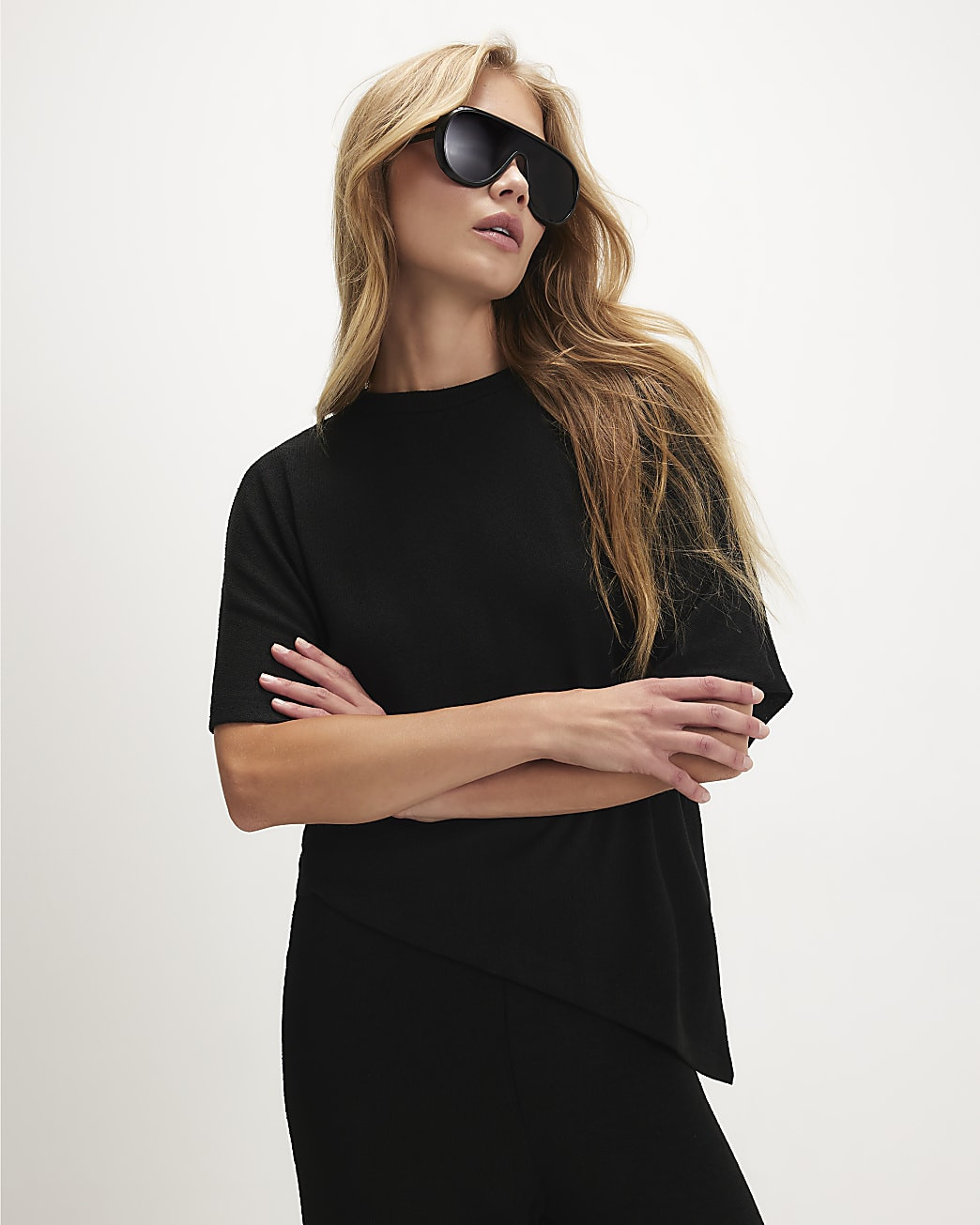 Black Textured Short Sleeve Asymmetric Top | River Island UK & IE