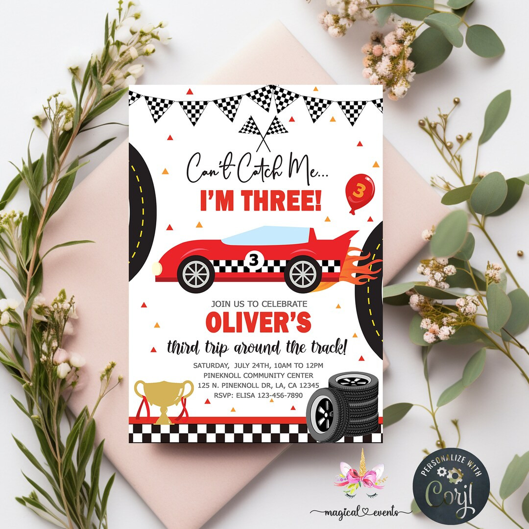 Race car boy birthday invitation, can't catch me i'm three boy 3rd third birthday invite, corjl d... | Etsy (US)