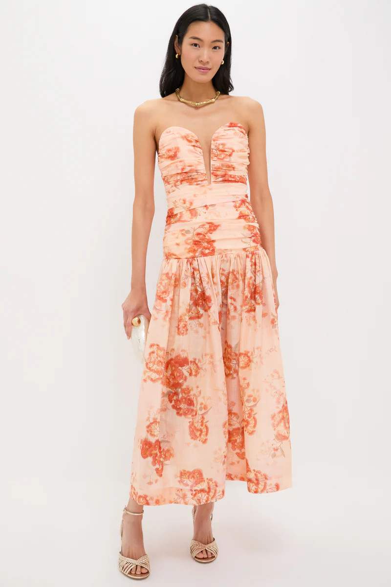 Red Botanical Floral Cascadian Strapless Midi Dress | Tuckernuck (US)