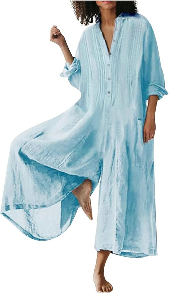 SHOPESSA Womens Jumpsuits Casual Summer Linen Wide Leg Jumper Baggy Palazzo Pants Cotton Linen Ro... | Amazon (US)