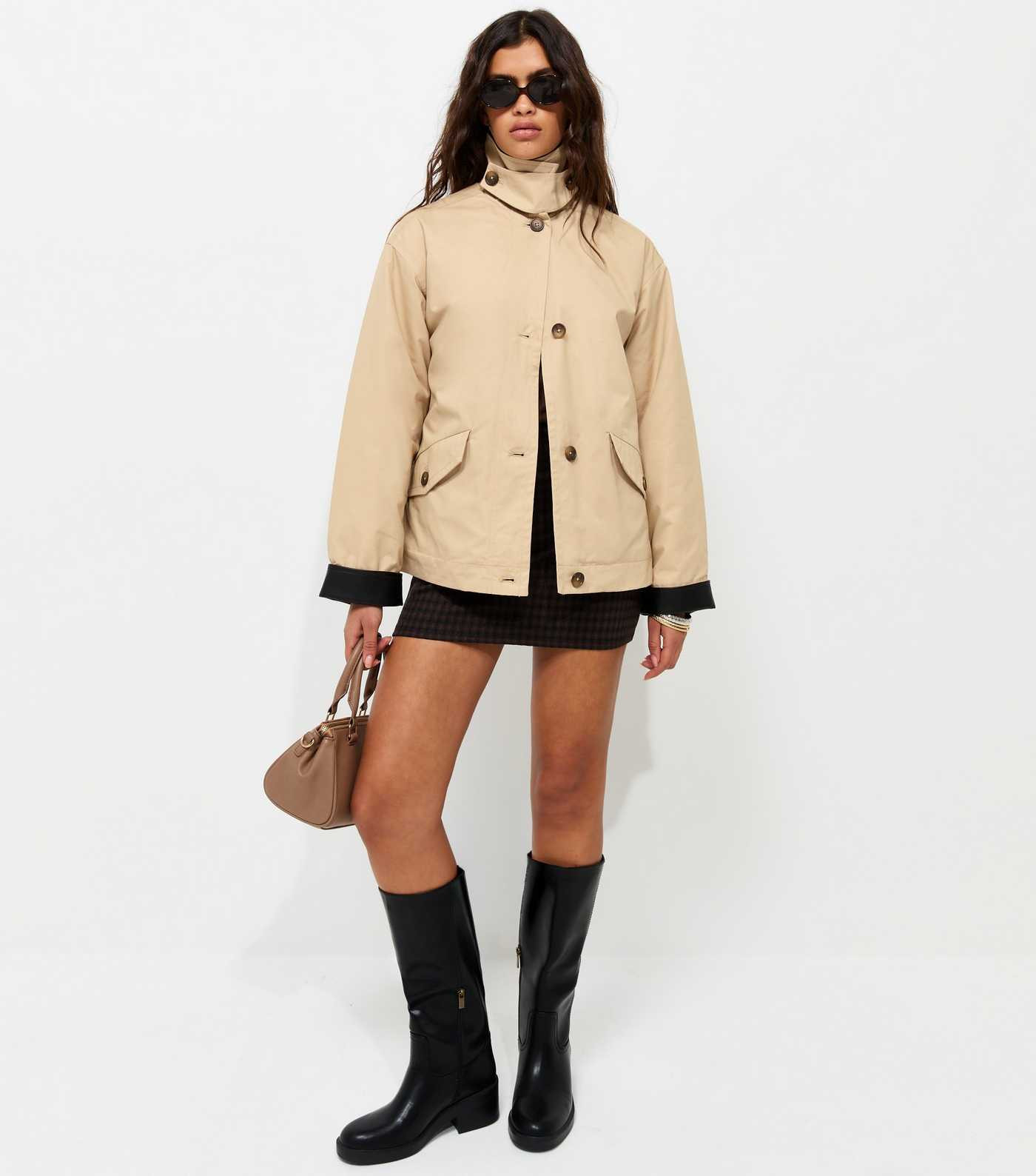 Stone Contrast Trim Funnel Neck Barn Jacket | New Look | New Look (UK)