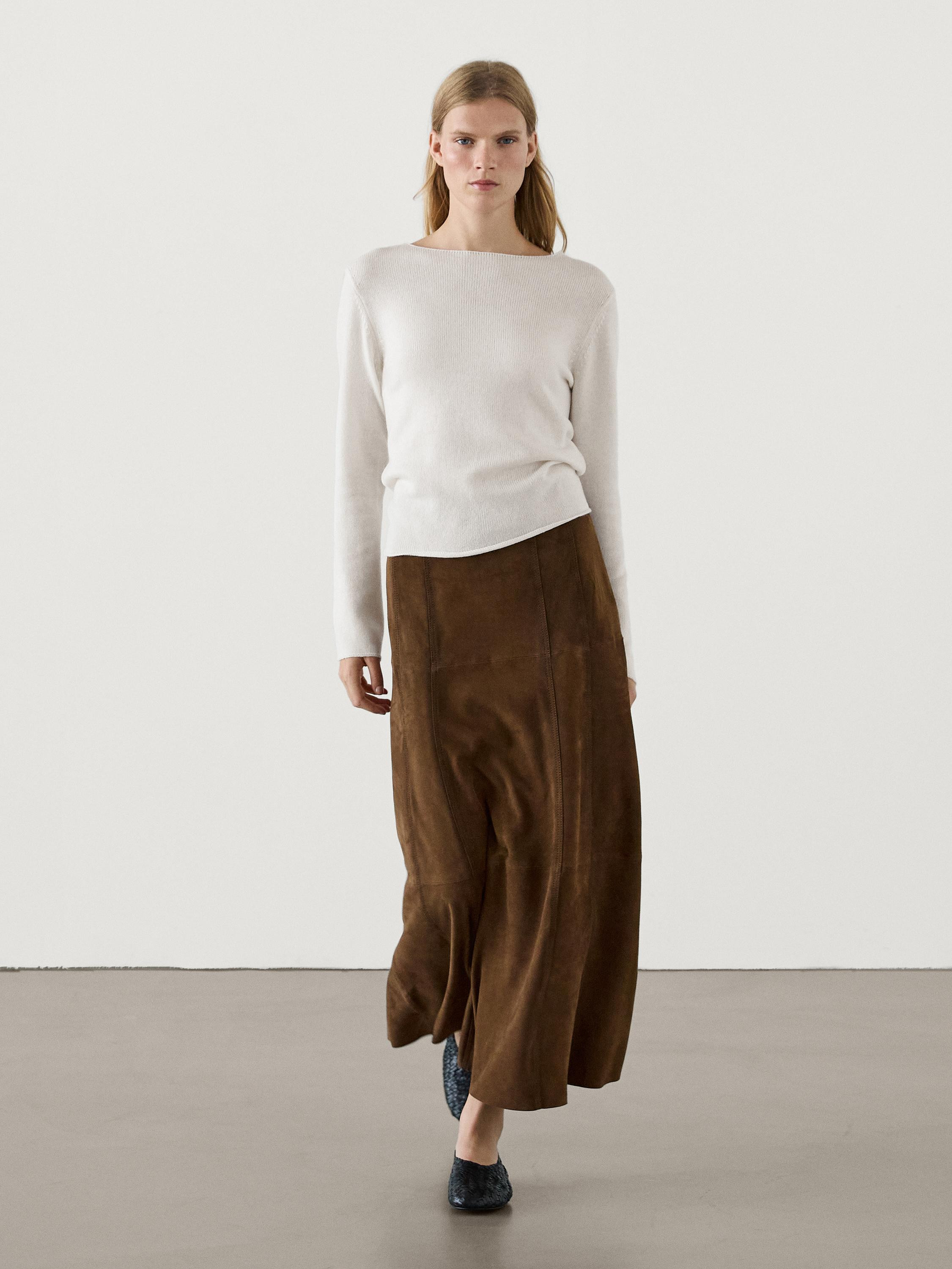 Suede leather midi skirt with seam details | Massimo Dutti US