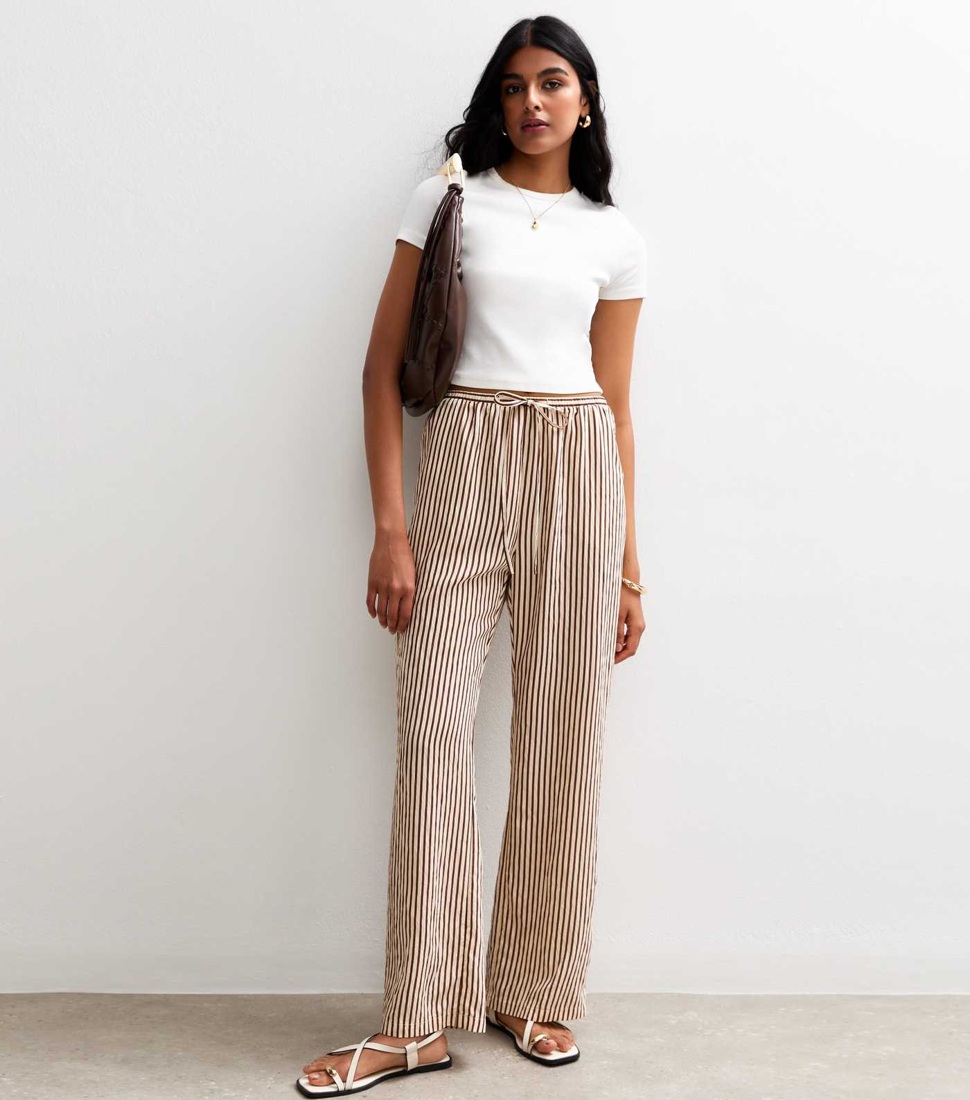 Brown Soft Touch Striped Wide Leg Trousers | New Look | New Look (UK)