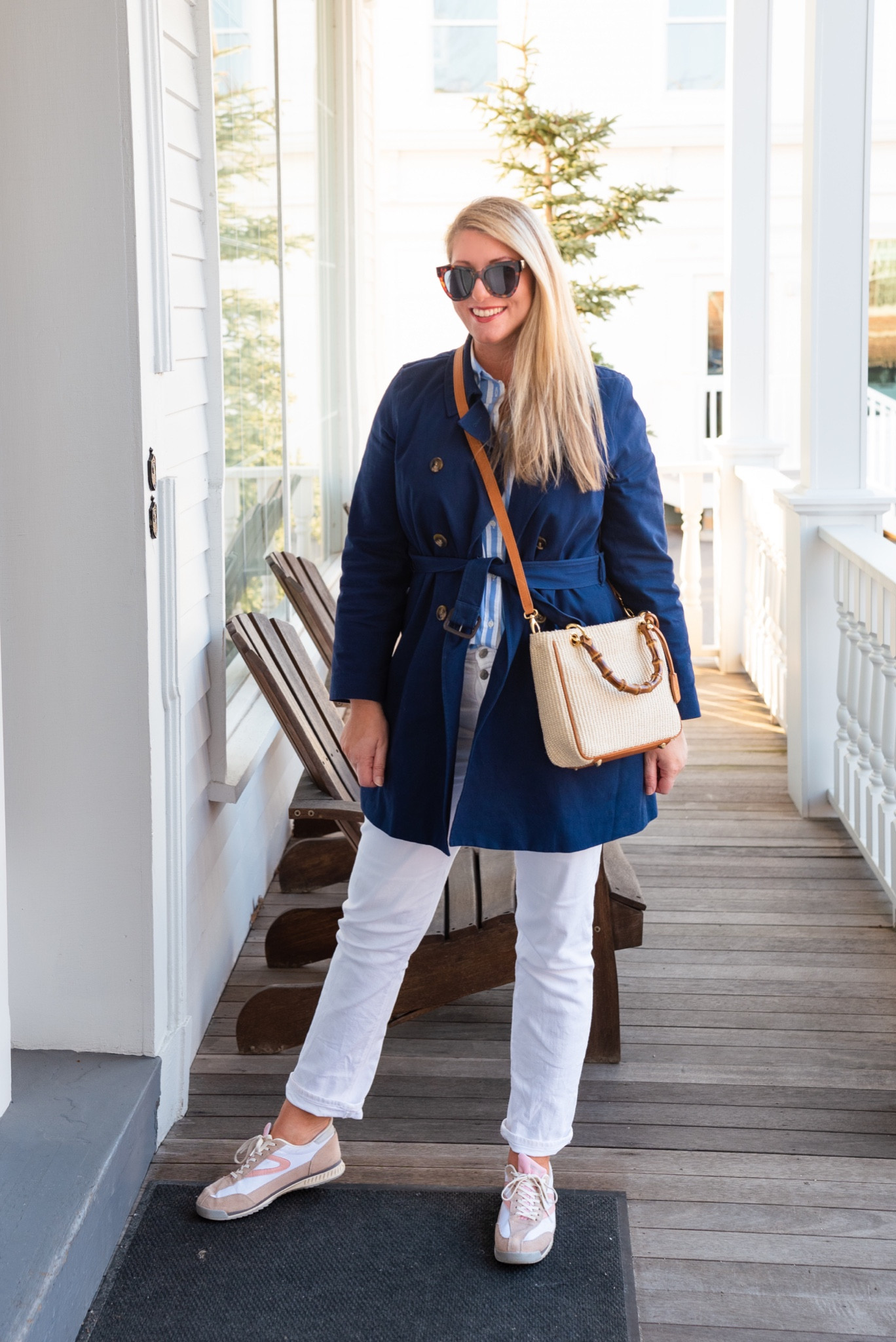 Spring layers and a great crossbody bag. 
Blue trench coat, navy trench coat, white jeans, tall white jeans, blue and white striped shirt, j crew, j crew factory, bamboo handle bag, raffia crossbody bag, raffia bag, Tretorn, totrtoise sunglasses, Tuckernuck 

#LTKitbag #LTKSeasonal #LTKFind