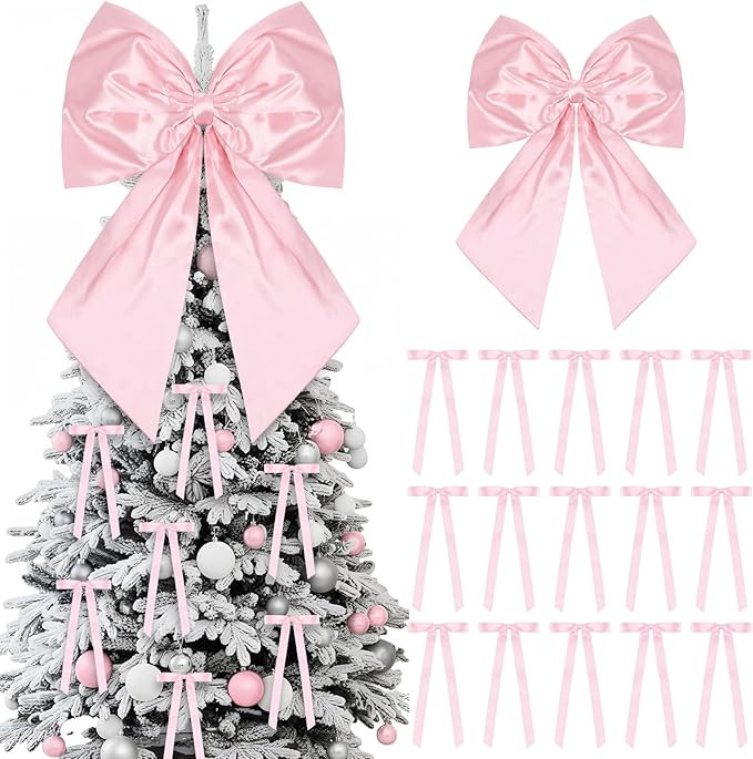 25 Pcs Pink Bow Christmas Tree Decoration Set 1 Extra Large 20 x 24 Inches Satin Christmas Tree T... | Amazon (US)