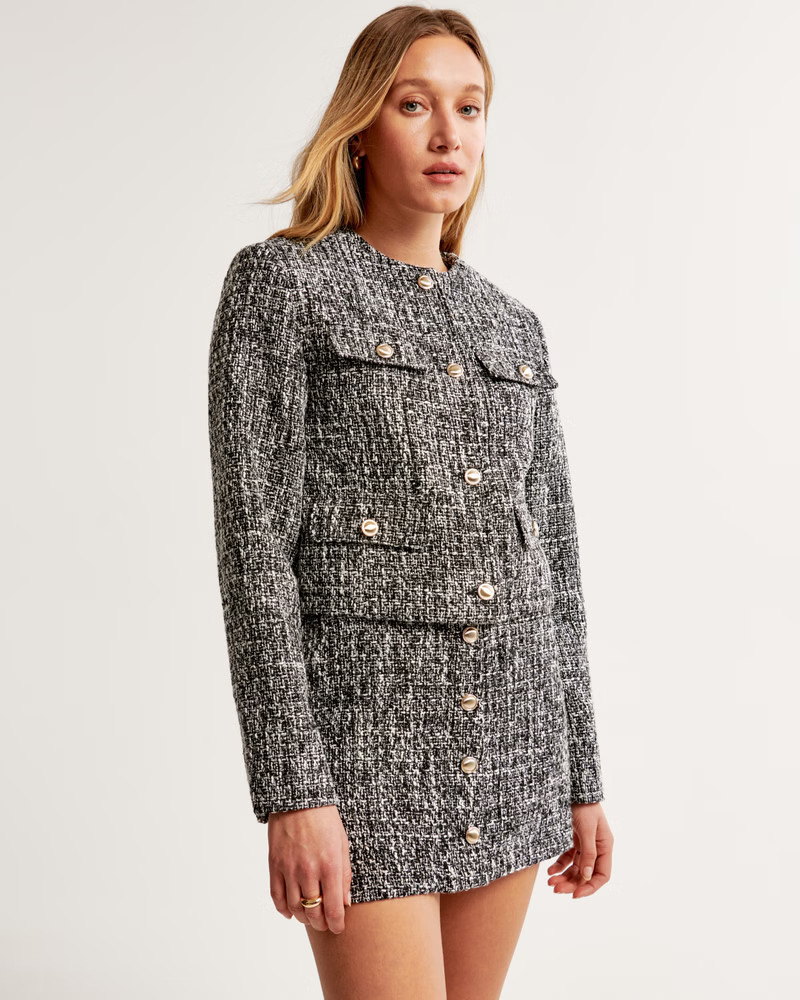 Women's Collarless Cropped Tweed Jacket | Women's Coats & Jackets | Abercrombie.com | Abercrombie & Fitch (UK & DE)