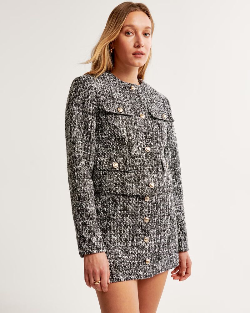 Women's Collarless Cropped Tweed Jacket | Women's New Arrivals | Abercrombie.com | Abercrombie & Fitch (US)