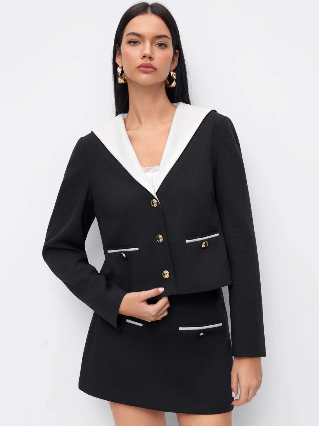 Collar Metal Detail Pocket Long Sleeve Blazer... | Cider