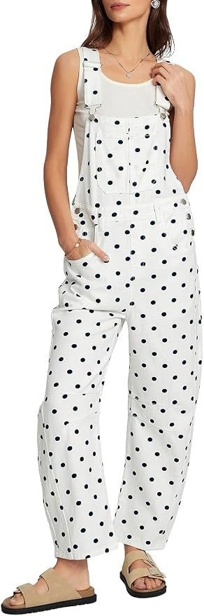 Womens Polka Dot Barrel Overalls Wide Leg Baggy Jean Overalls Loose Fit Adjustable Strap Bib Deni... | Amazon (US)