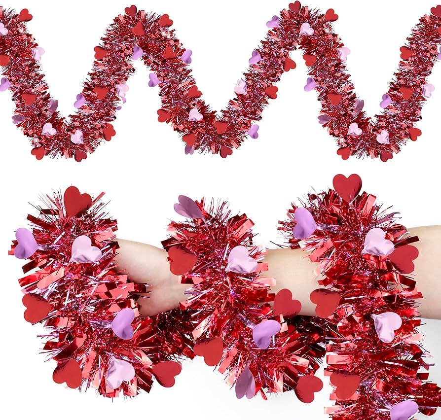 50Ft Valentines Day Garlands, Red Pink Heart Tinsel Garland Twist Metallic Hanging Valentines Day... | Amazon (US)
