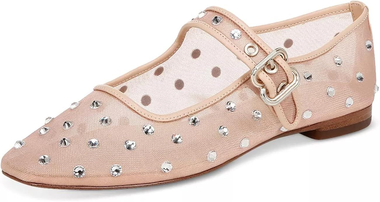 Rhinestones Ballet Flats for Women, Sparkly Mary Jane Flats Ballerina Square Toe Buckle Strap Sho... | Amazon (US)