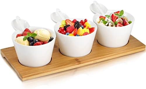 Yesland Porcelain Dip Bowl Set with Wooden Tray - 6.7 Oz White Modern Small Serving Bowls with Ha... | Amazon (US)