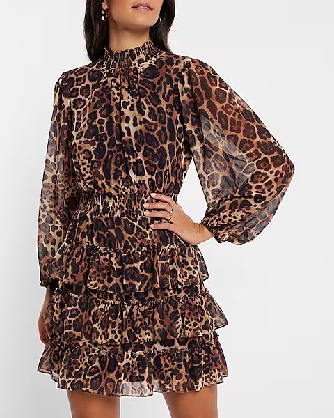 Leopard Print Smocked Mock Neck Tiered Ruffle Dress | Express