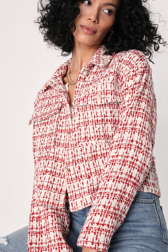 Prep Talk Red & White Pearl Button Tweed Shacket | Lulus (US)