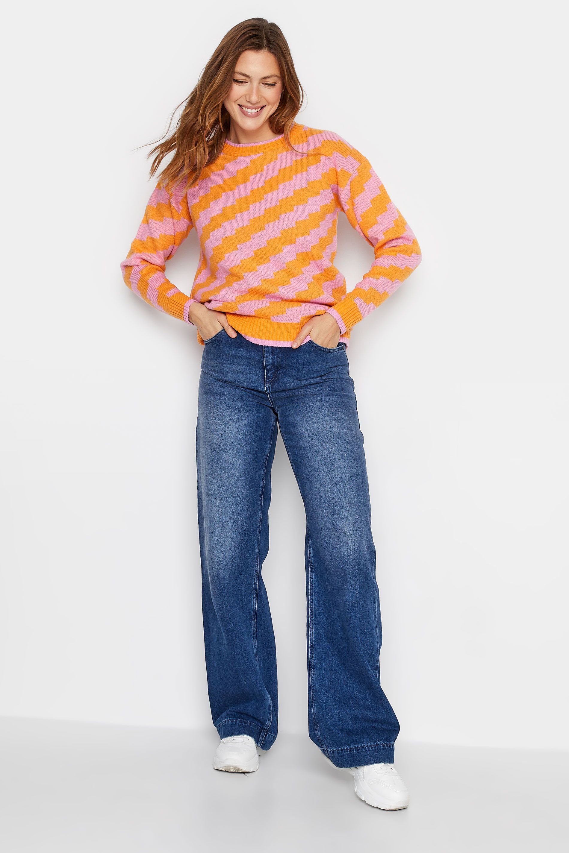 LTS Tall Orange & Pink Zig Zag  Jacquard Knit Jumper | Long Tall Sally