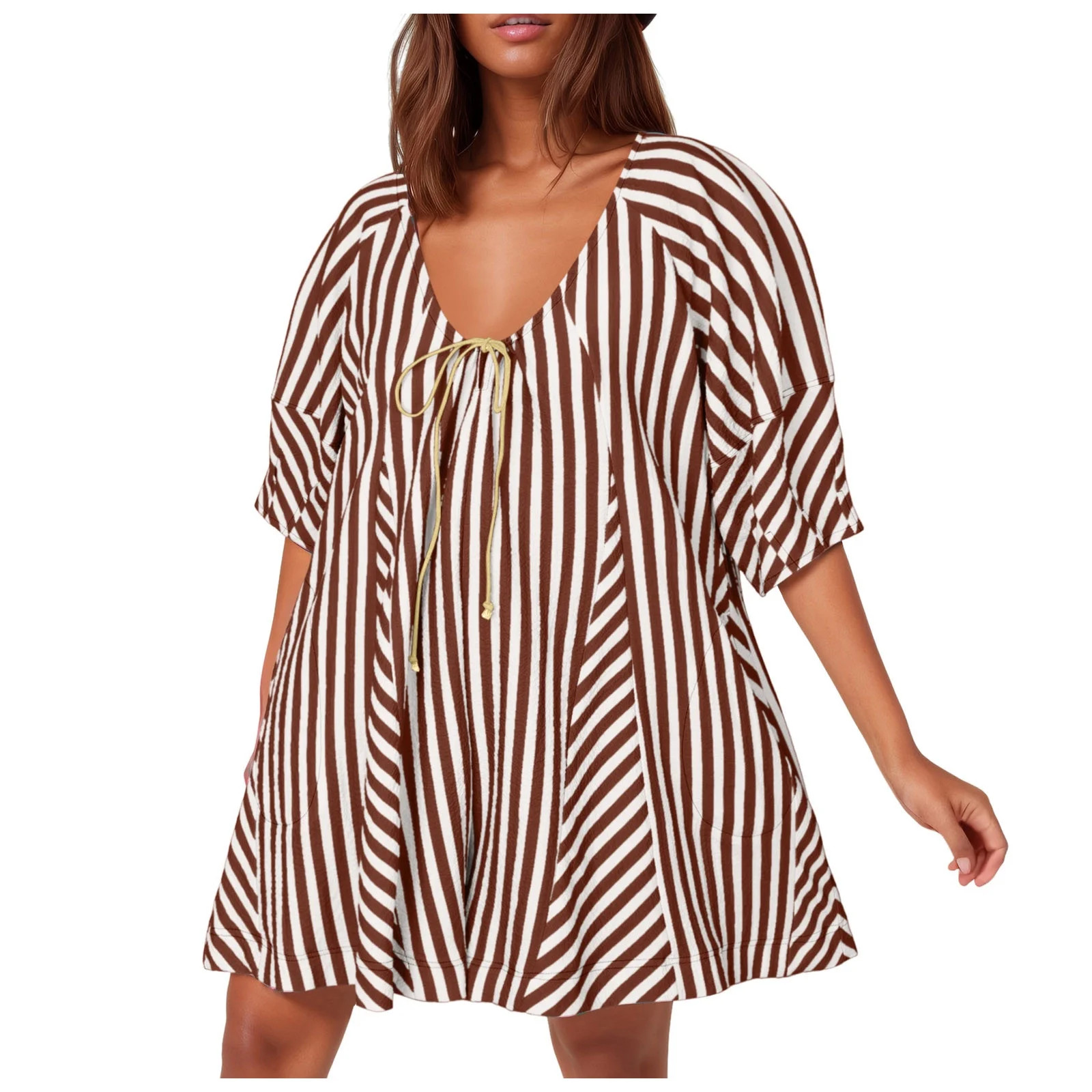 Women Striped Summer Dress with Pockets Casual Loose Puff Sleeve Mini Dress Adjustable V Neck Ove... | Walmart (US)