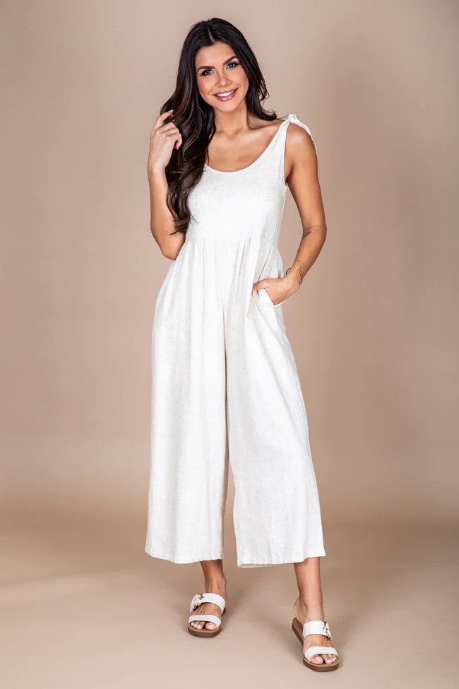 A Chance To Dance Beige Linen Tie Shoulder Jumpsuit | Pink Lily