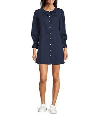 Addison Bay Sailor Solid Woven Long Puff Sleeve Button Front A-Line Dress - M | Dillard's