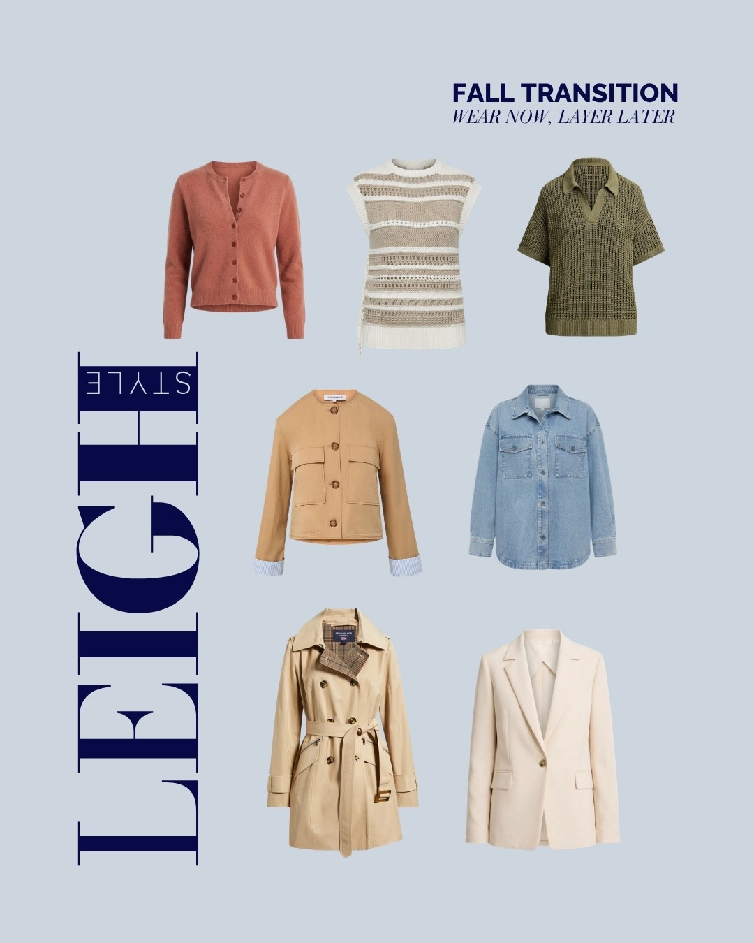 Wear now, layer later 🍂 Easy pieces that make the summer-to-fall transition effortless.

fall transition outfits, transitional fashion, early fall style, fall layering pieces, lightweight knits, fall cardigans, denim shirt, trench coat, women’s blazers, lightweight jackets, transitional wardrobe, late summer outfits, fall fashion 2026, women’s fall style

#LTKootd #LTKSeasonal