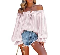 Asvivid Women's Sexy Striped Off Shoulder Ruffle Drawstring Long Sleeve Blouses Casual Chiffon Sh... | Amazon (US)