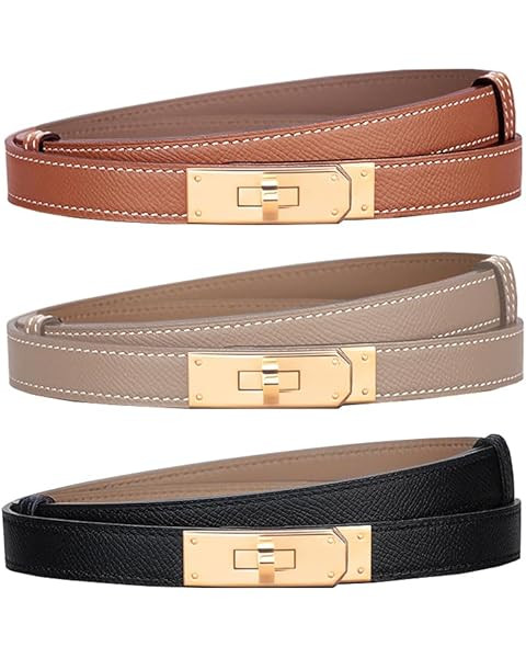 Women's Skinny Leather Belt with Adjustable Silver Turn-Lock Buckle - Ideal for Dresses, Jeans, a... | Amazon (US)
