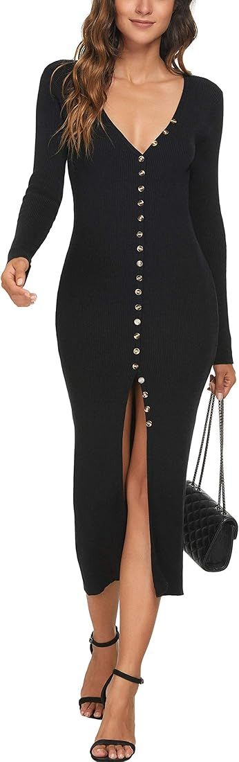 CMZ2005 Women's Long Sleeve Cardigan Maxi Dress Fall Knit Bodycon Dress Button Down Sweater Dress... | Amazon (US)