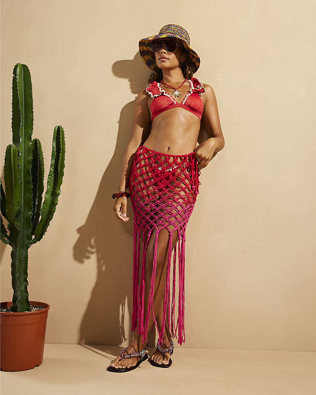 Red Del Maar Macramé Maxi Skirt | River Island UK & IE