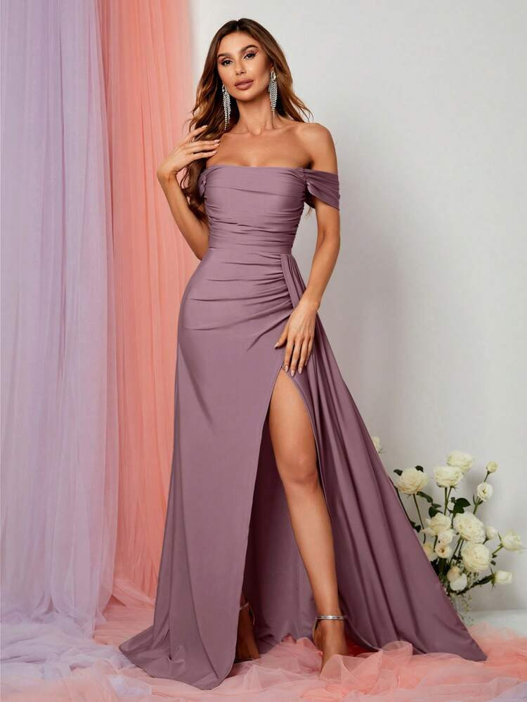 Off Shoulder Side Draped Wrap Hem Satin Formal Dress
       
              
              $36.99 ... | SHEIN
