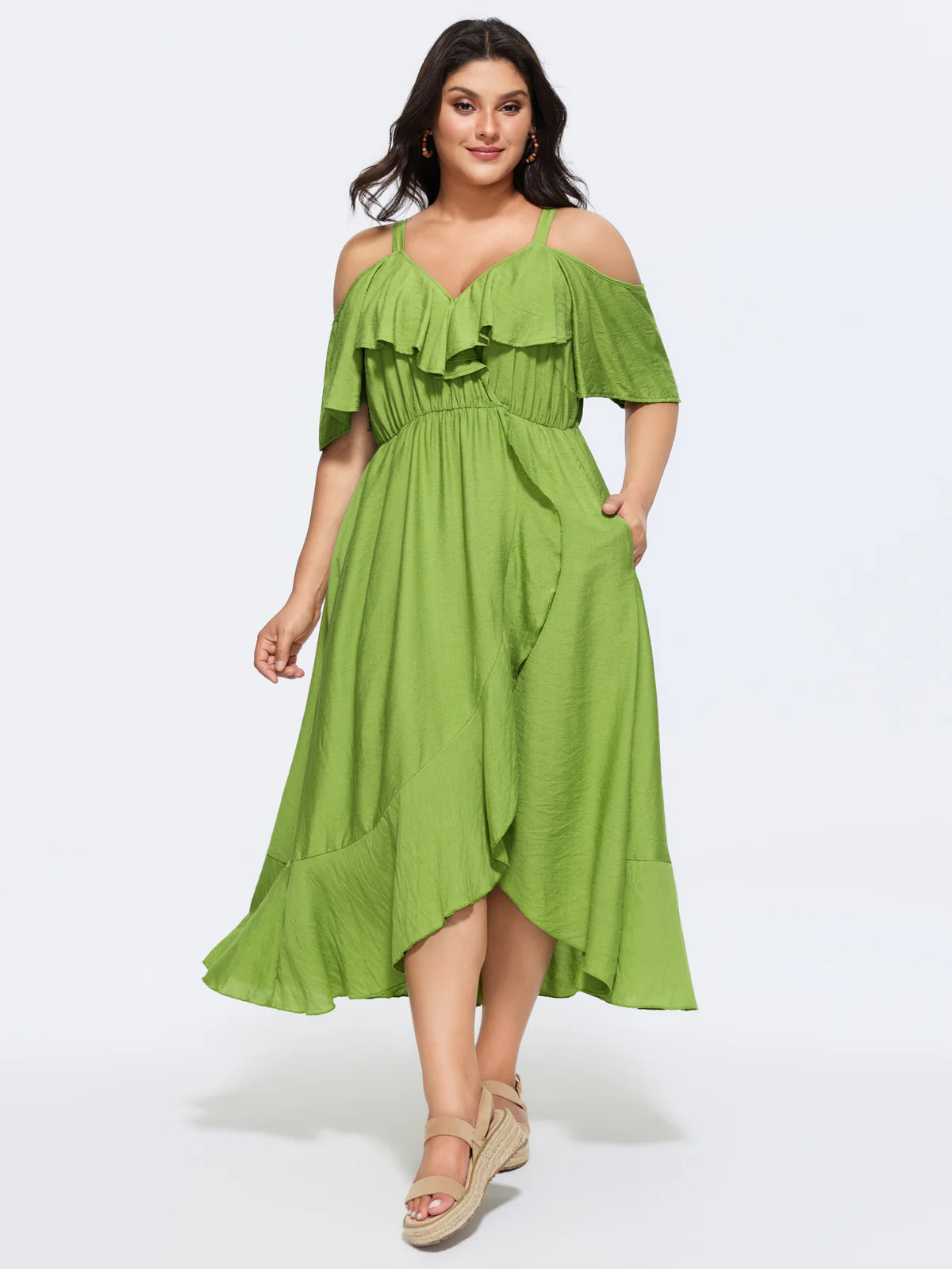 Plain Ruffle Cold Shoulder Pocket Midi Dress | Bloomchic