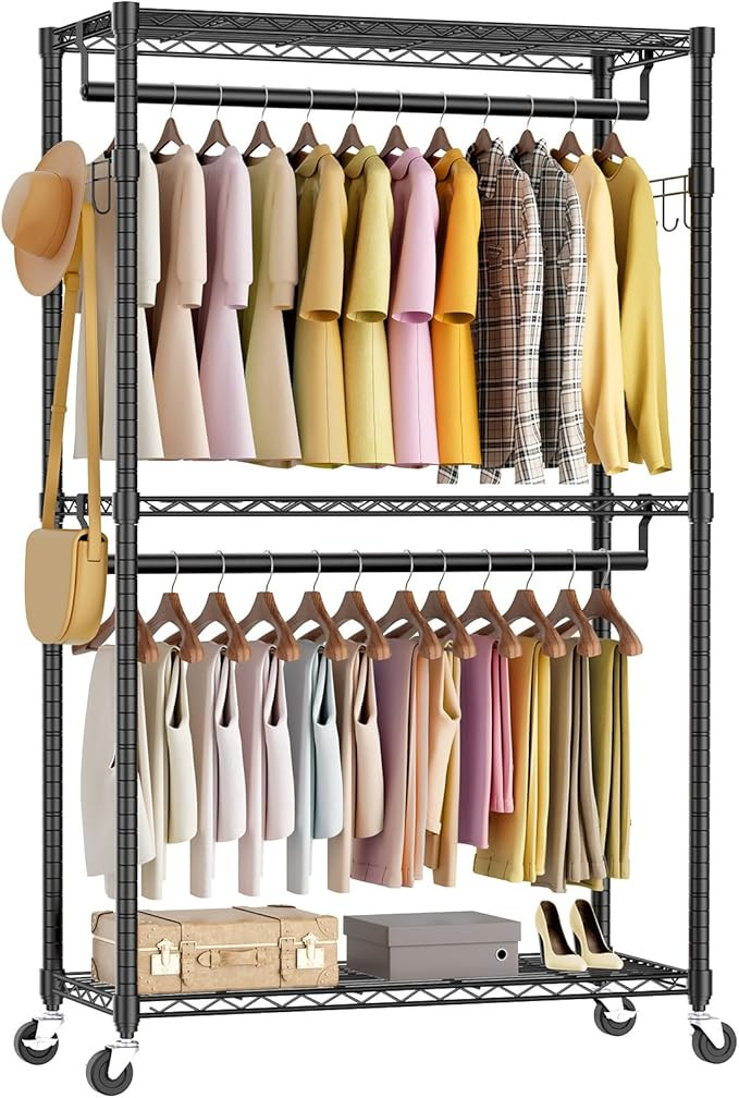 Amazon Basics Adjustable, Double Hanging Rod Garment Rolling Closet Organizer Rack with Wheels, H... | Amazon (US)