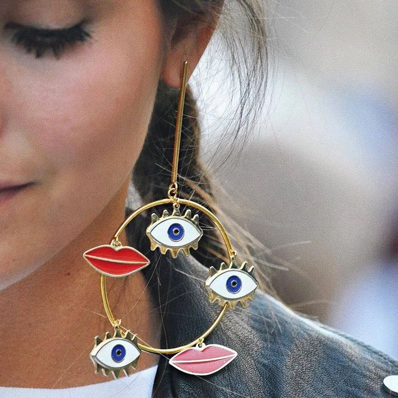 2019 New Design Exaggerated Long Big Evil Eyes Lips Charm Gold Loop Dangle Earrings For Women Boh... | Aliexpress USA