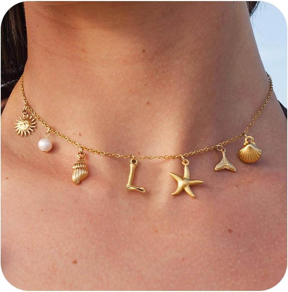 Gold Initial Charm Necklaces for Women, Boho Surfer Beach Letter Necklace 14K Gold Plated A-Z Pen... | Amazon (US)