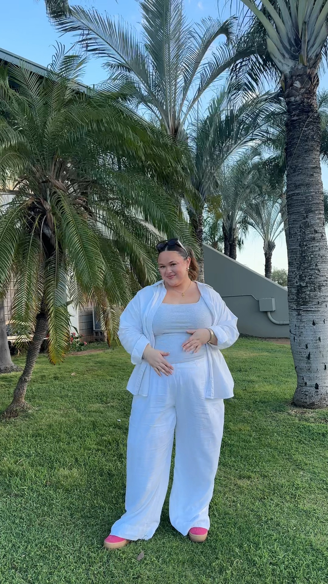 casual weekend ootd☁️🤍👟 wearing an XXL in the button down & linen pants. wearing an XL in the tank top but should’ve sized down cause it runs big! I’m still loving linen for pre-fall cause it’s still so hot out & these Abercrombie trousers have been a life saver for me during pregnancy because they have an elastic waistband 😙🫶🏼 

#LTKPlusSize #LTKBump #LTKStyleTip
