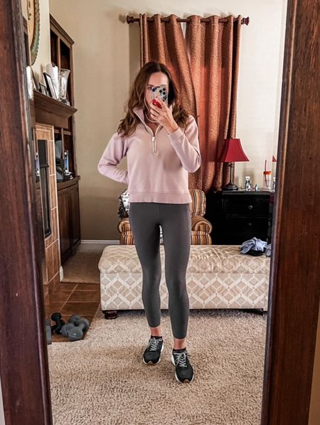 5’9” • Size small • Size 27 
This sweatshirt is FABULOUS.  Very comfortable, great quality, and such a cute fit.  True to size. 
Leggings true to size.  I’m wearing regular length, not long. 

#LTKfitness #LTKfindsunder100 #LTKover40