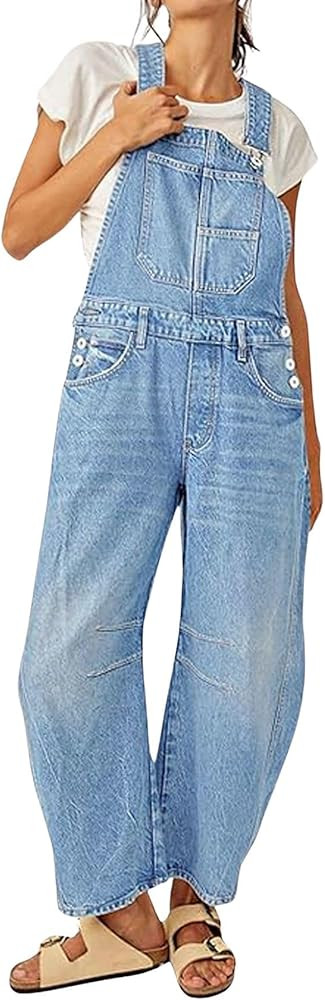 yoeasy Womens Denim Bib Overalls Barrel Wide Leg Baggy Adjustable Strap Denim Pants Jumpsuits wit... | Amazon (US)