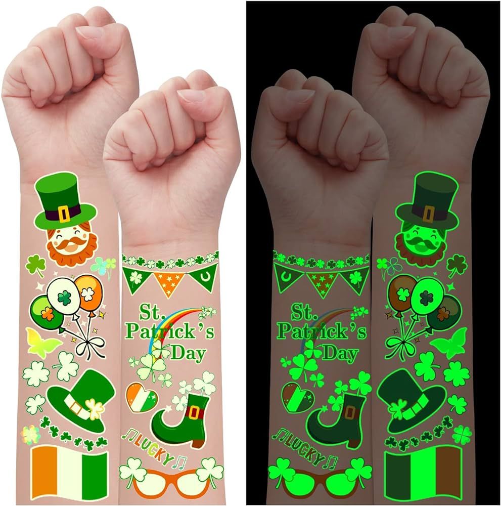 Partywind 12 Sheets Glow St Patrick's Day Temporary Tattoos for Kids, Luminous Saint Patrick's Da... | Amazon (US)