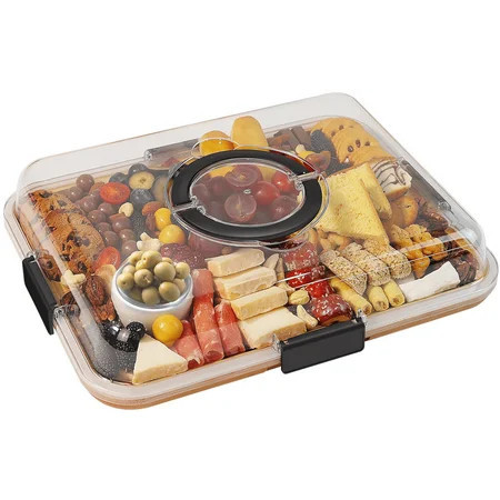 Hnrifc Charcuterie Board with Clear Lid, Travel Portable Cheese Board Charcuterie Boxes Cutting Boards for Kitchen (6 Compartments Black) | Walmart (US)