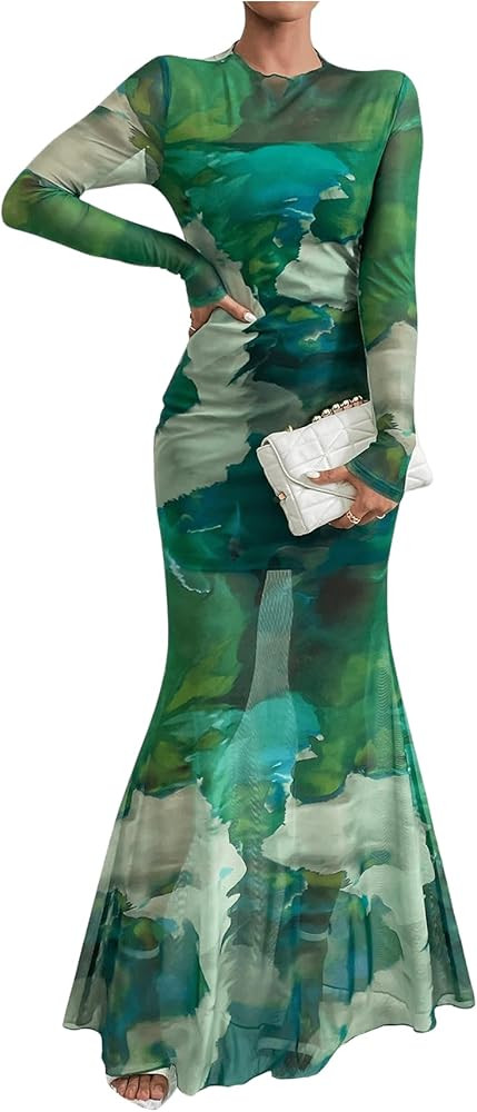Women's Allover Print Tie-Dye Bodycon Dress Sheer Mesh Dress Crewneck Long Sleeve Long Dresses Ru... | Amazon (US)