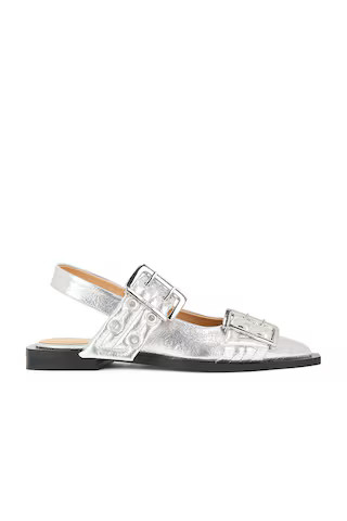 Ganni Buckle Ballerina Flat in Metallic Silver | FWRD 