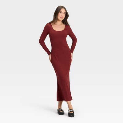 Women's Long Sleeve Rib-Knit Maxi Dress - A New Day™ Maroon M | Target