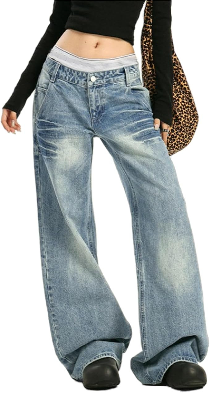 Low Rise Baggy Jeans for Women Wide Leg Y2k Boyfriend Jeans Vintage Washed Loose Fit Mom Denim Pa... | Amazon (US)