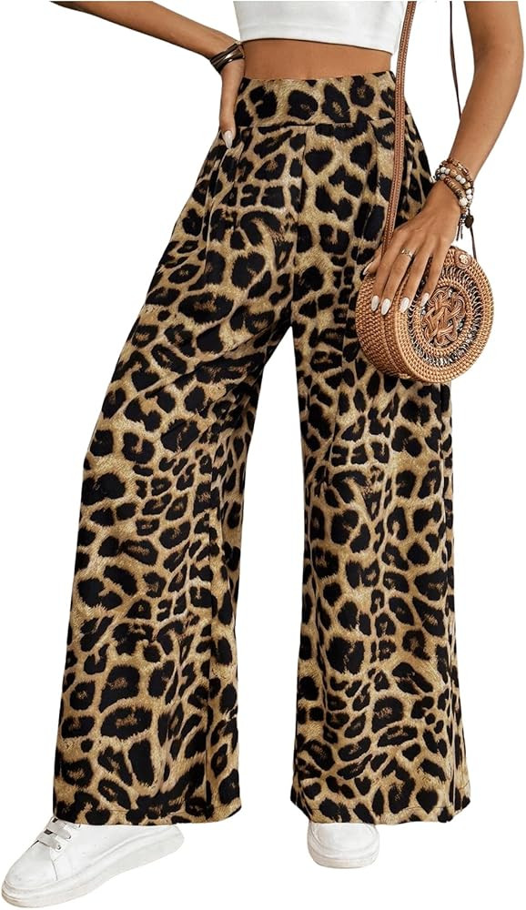 SweatyRocks Women's Leopard Print High Waisted Wide Leg Pants Casual Long Trousers | Amazon (US)