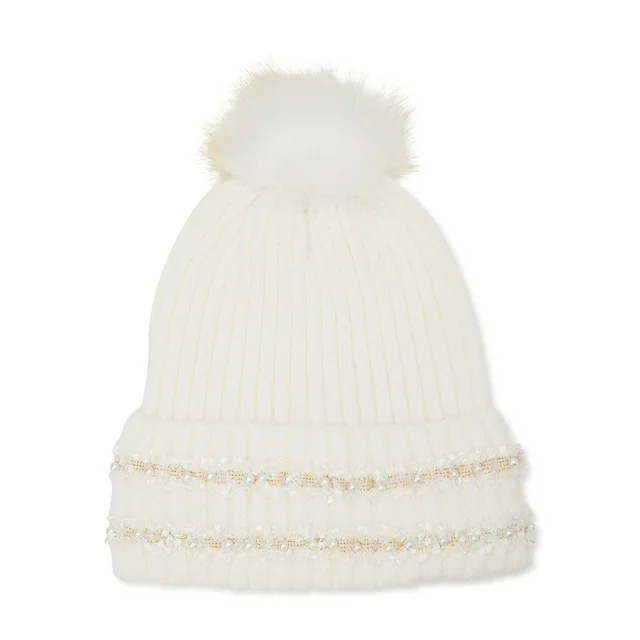 Time and Tru Women's Pearl Trim Ribbed Beanie | Walmart (US)