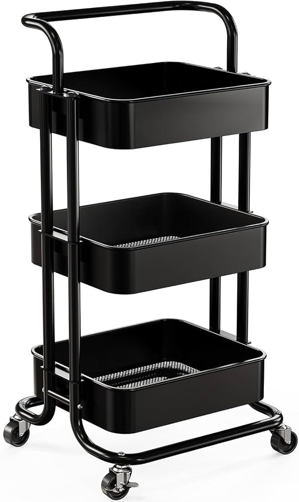 Pipishell Metal 3 Tier Rolling Cart with Handle & 2 Lockable Wheels, Black | Amazon (US)