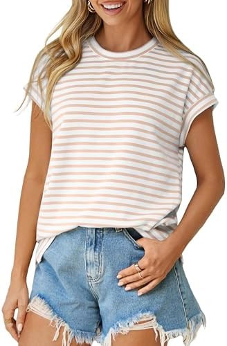 Glamaker Women Cap Sleeve Basic Tops Crewneck Striped Tee Shirts Summer Short Sleeve T-Shirt Casu... | Amazon (US)