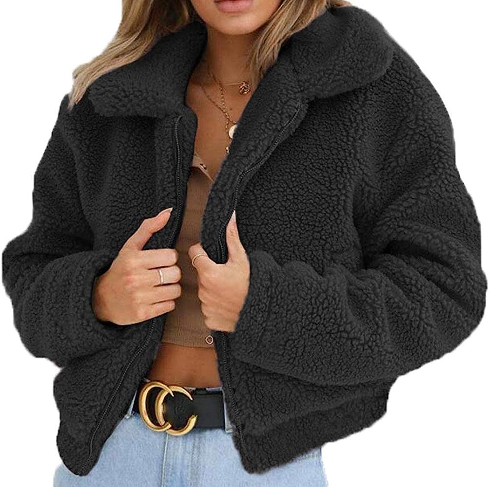 QILINXUAN Women's Lapel Fleece Shearling Jacket Cropped Teddy Bear Jacket Zipper Faux Fur Coat | Amazon (US)
